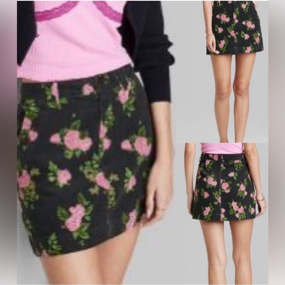 NWT WILD FABLE CORDUROY MINI SKIRT BLACK FLORAL PRINT SIZE 12
